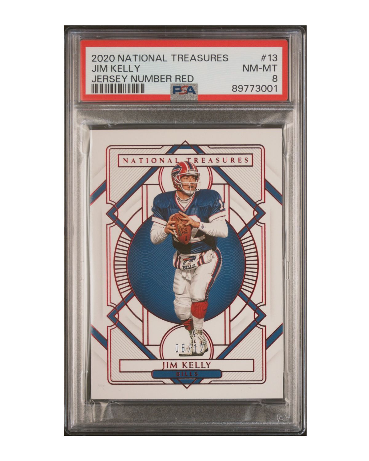 2020 Panini National Treasures #13 Jim Kelly Jersey Number Red 6/12 | PSA 8