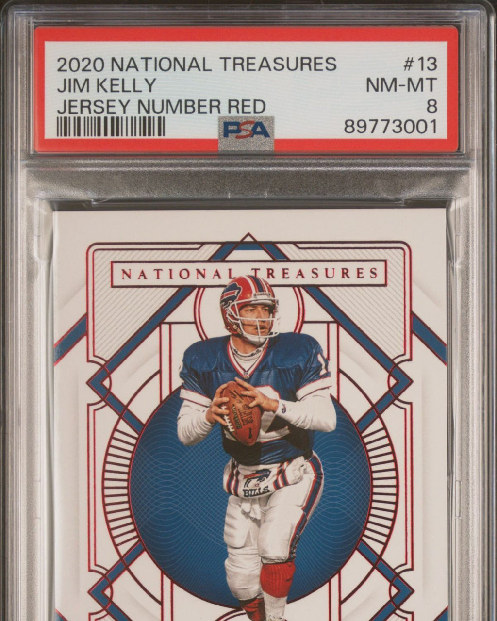2020 Panini National Treasures #13 Jim Kelly Jersey Number Red 6/12 | PSA 8
