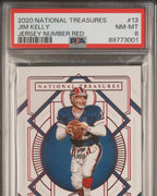 2020 Panini National Treasures #13 Jim Kelly Jersey Number Red 6/12 | PSA 8