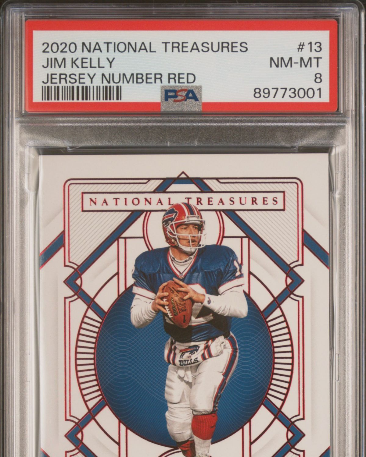2020 Panini National Treasures #13 Jim Kelly Jersey Number Red 6/12 | PSA 8
