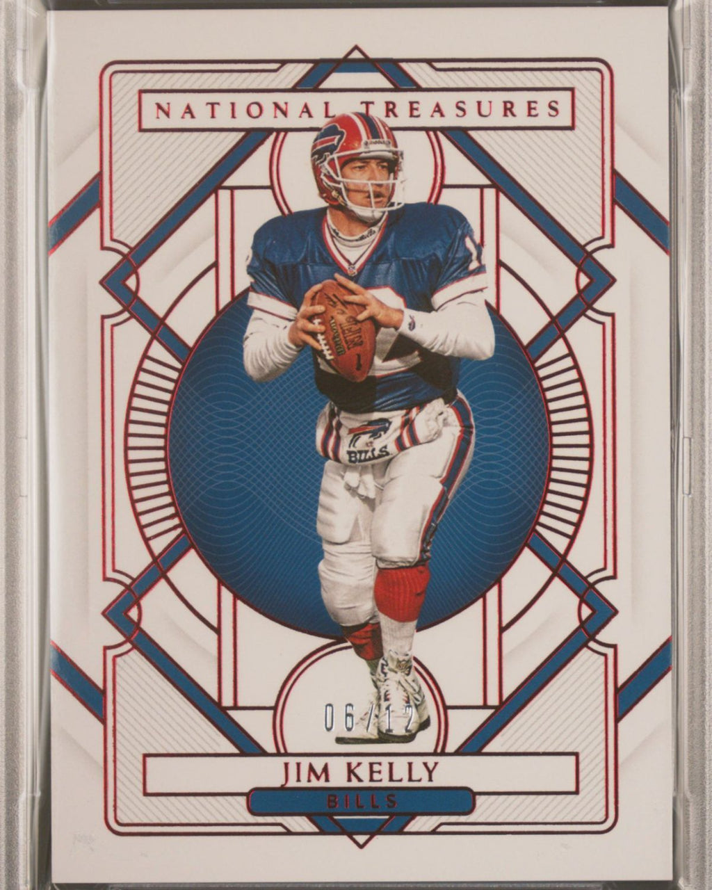 2020 Panini National Treasures #13 Jim Kelly Jersey Number Red 6/12 | PSA 8