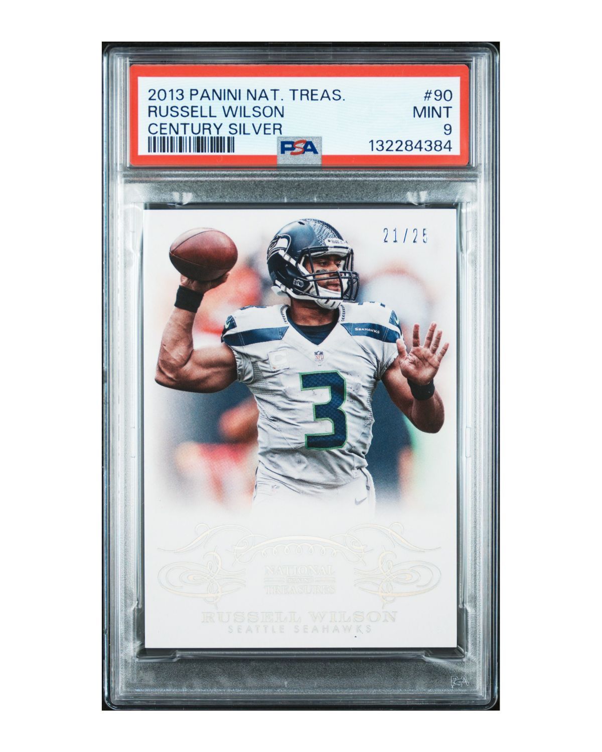 2013 Panini National Treasures #90 Russell Wilson Century Silver 21/25 | PSA 9