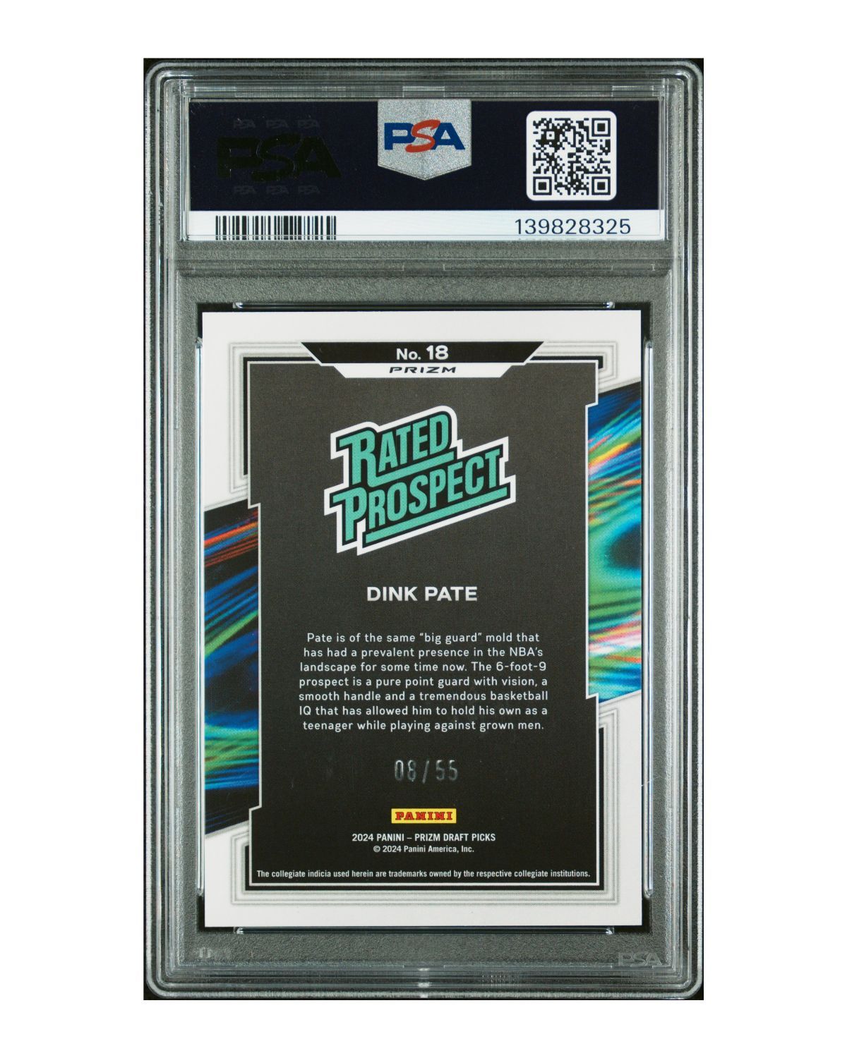 2024 Panini Prizm Draft Picks Rated Prospect #18 Dink Pate Purple Pulsar 8/55 | PSA 10