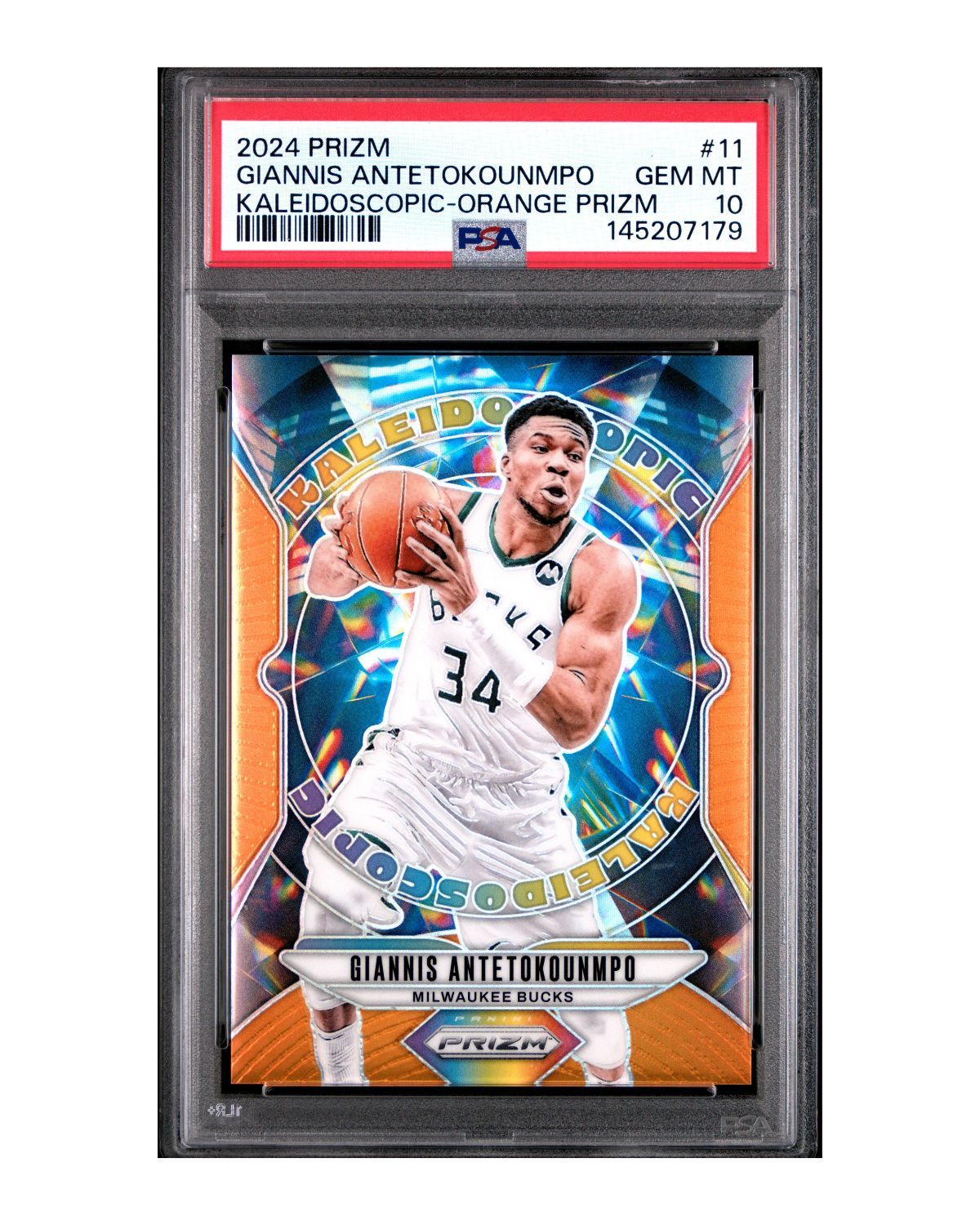 2024 Panini Prizm Kaleidoscopic #11 Giannis Antetokounmpo Orange Prizm 21/49 | PSA 10