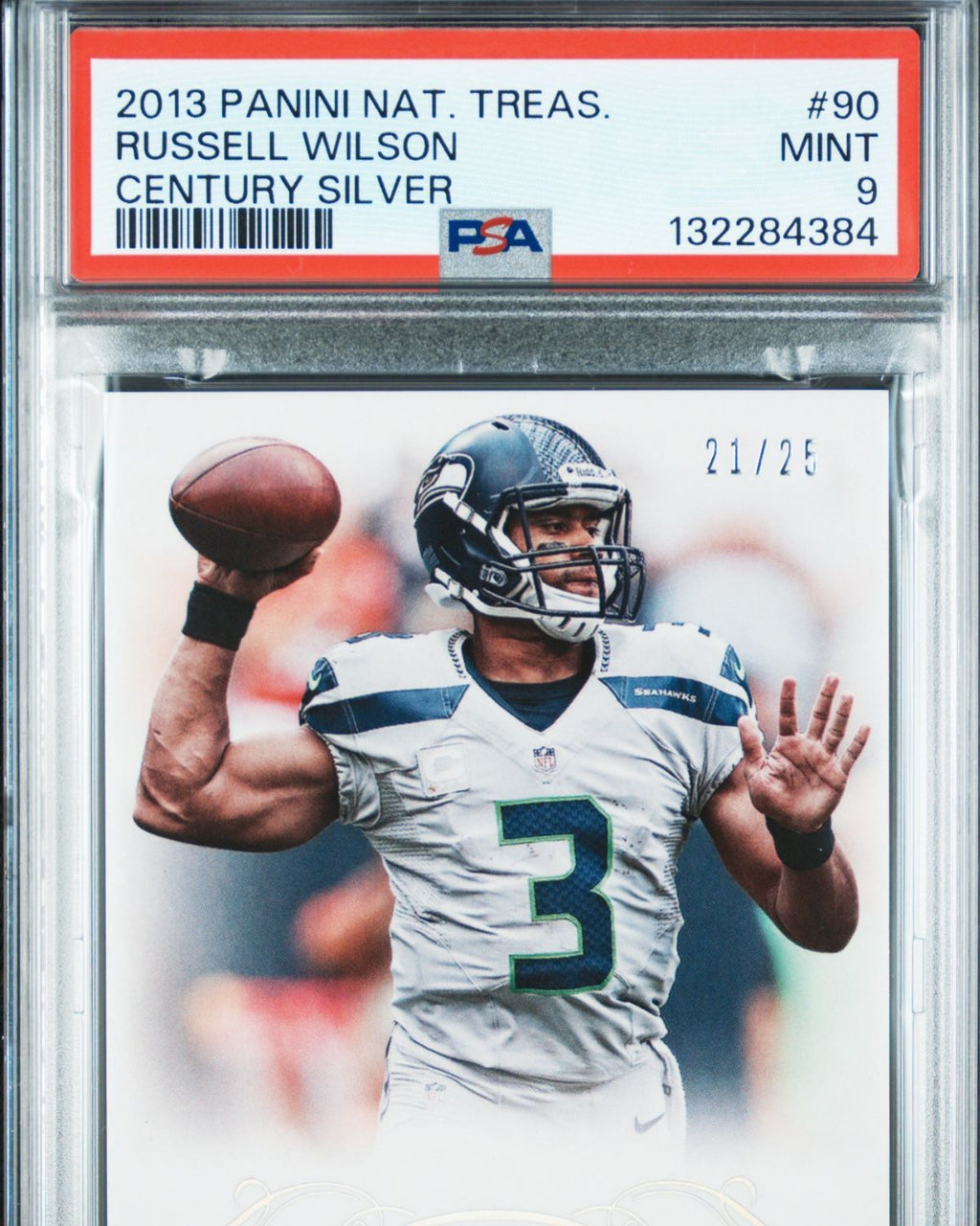 2013 Panini National Treasures #90 Russell Wilson Century Silver 21/25 | PSA 9