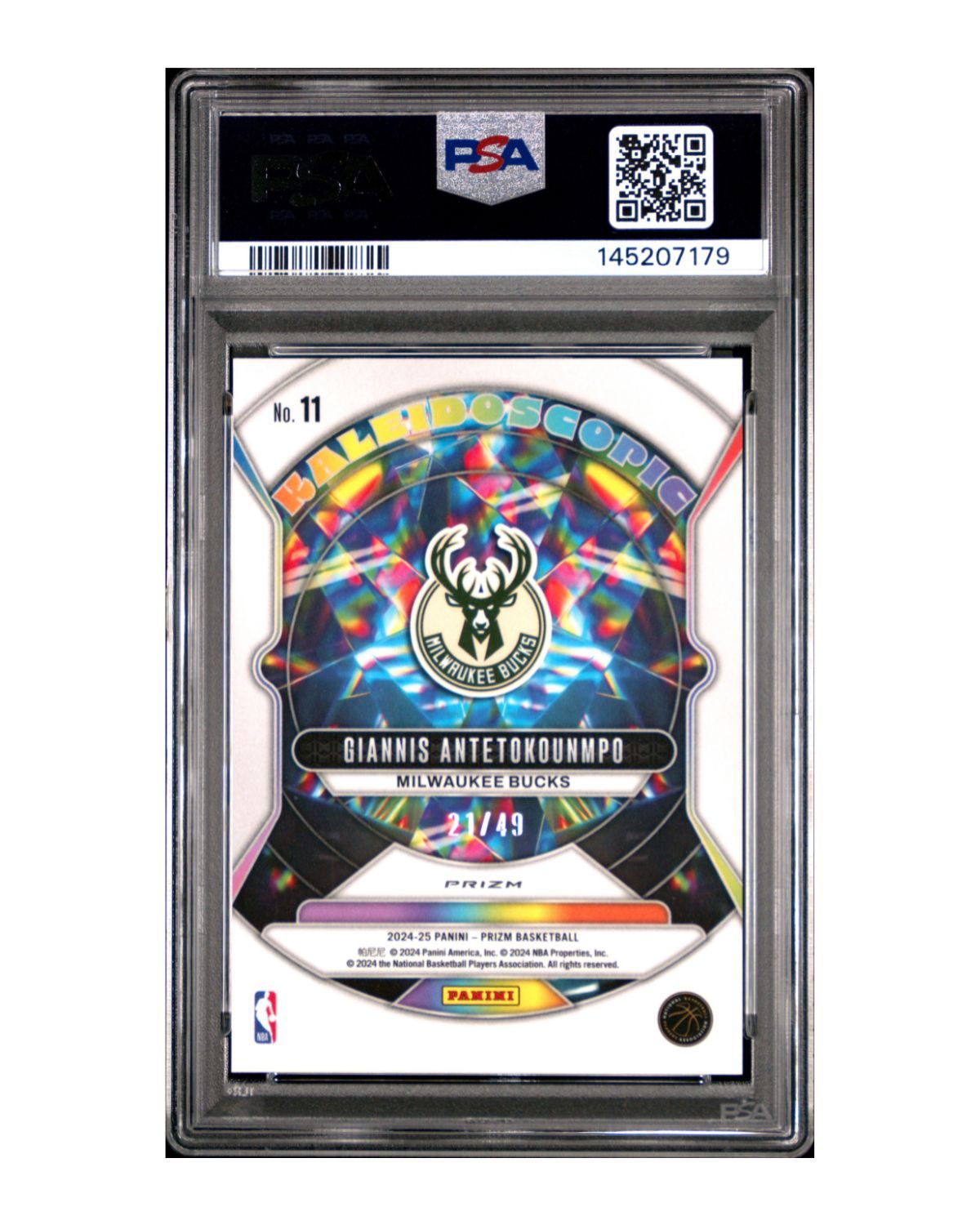 2024 Panini Prizm Kaleidoscopic #11 Giannis Antetokounmpo Orange Prizm 21/49 | PSA 10