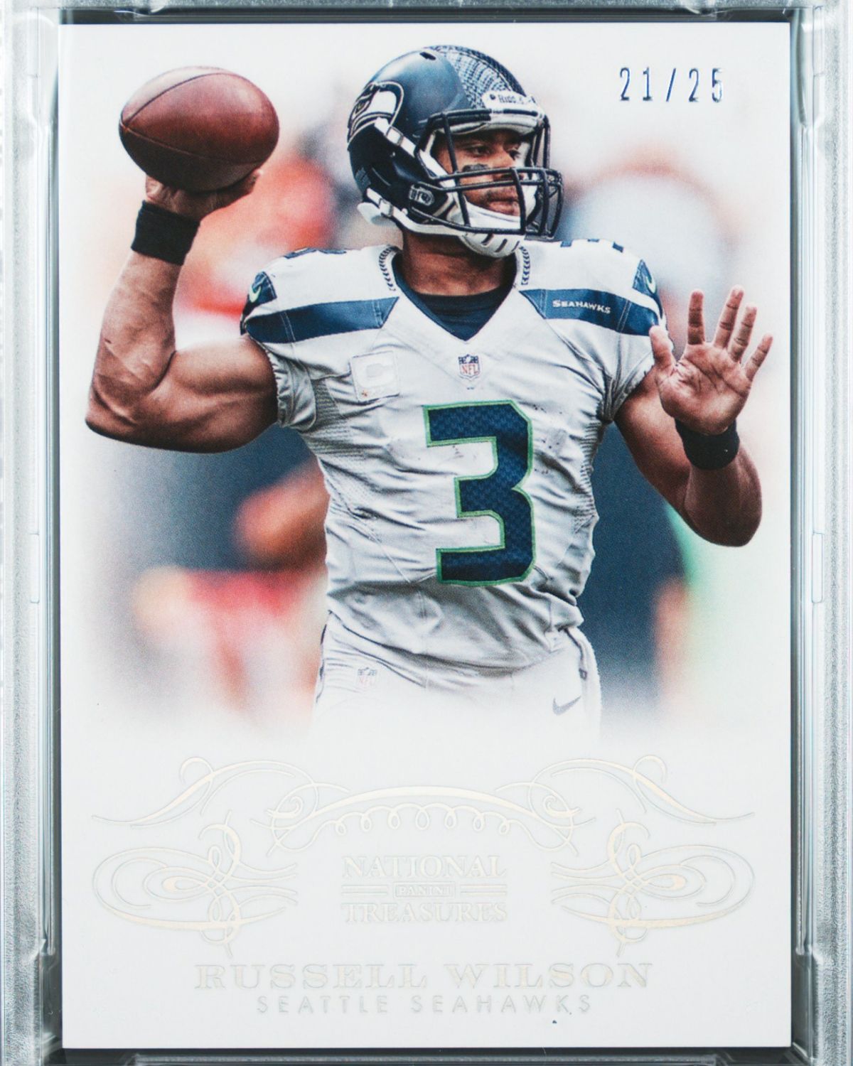 2013 Panini National Treasures #90 Russell Wilson Century Silver 21/25 | PSA 9