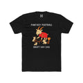 Black t-shirt with a graphic of a goat in a red jersey and text 'Fantasy Football Draft Day Dad' on a white background.