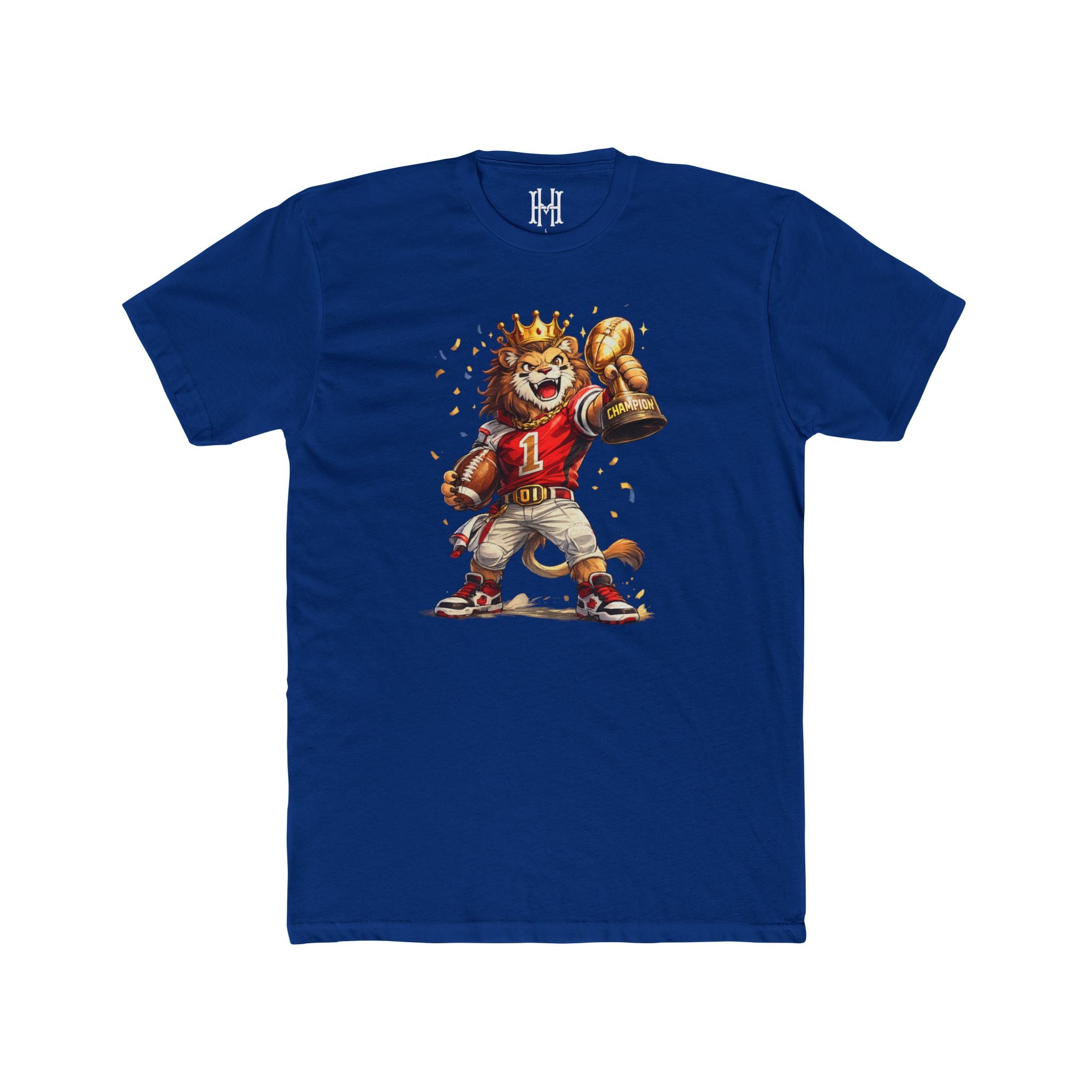 Blue t-shirt with a lion football player graphic on a white background