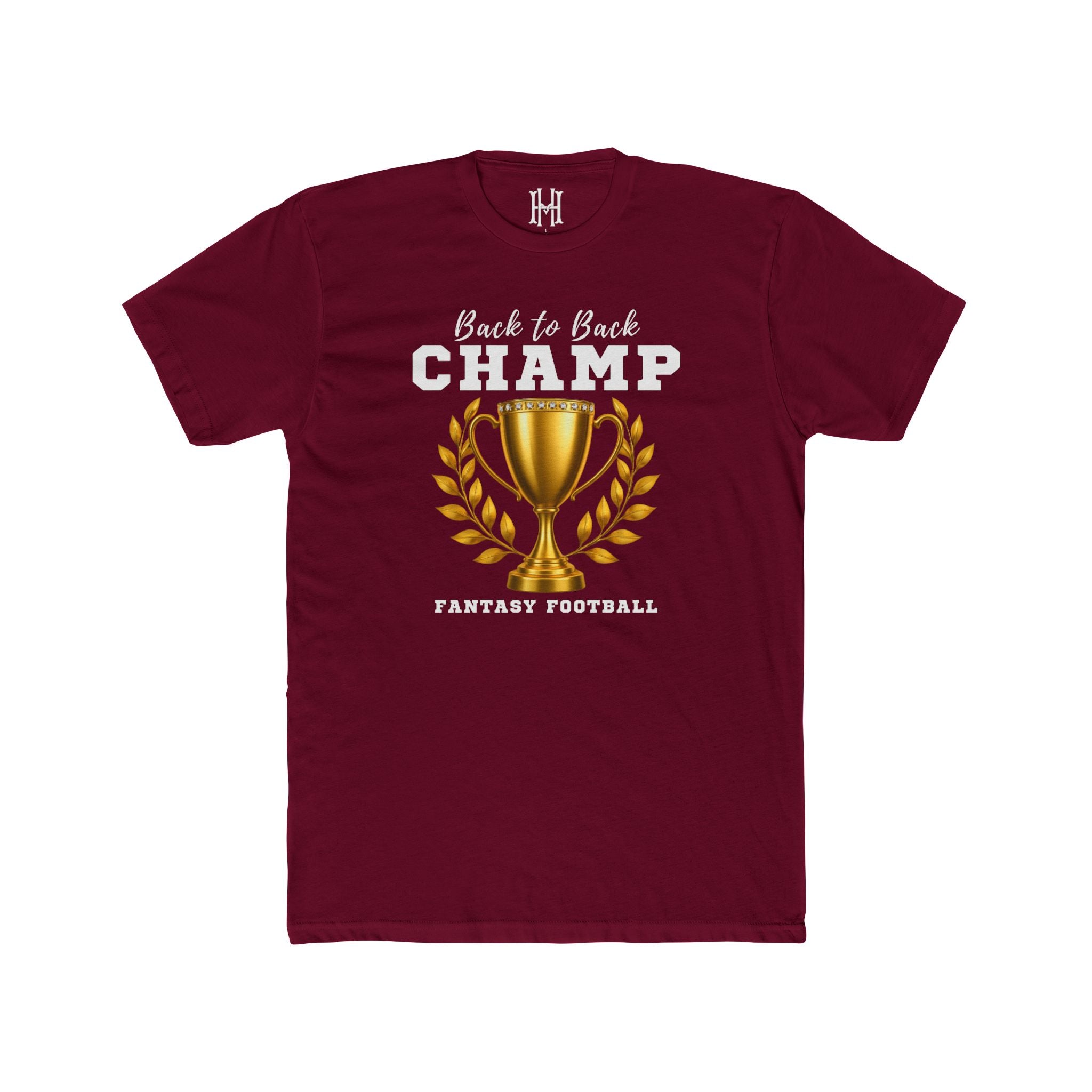 Maroon t-shirt with 'Back to Back Champ Fantasy Football' design on a white background