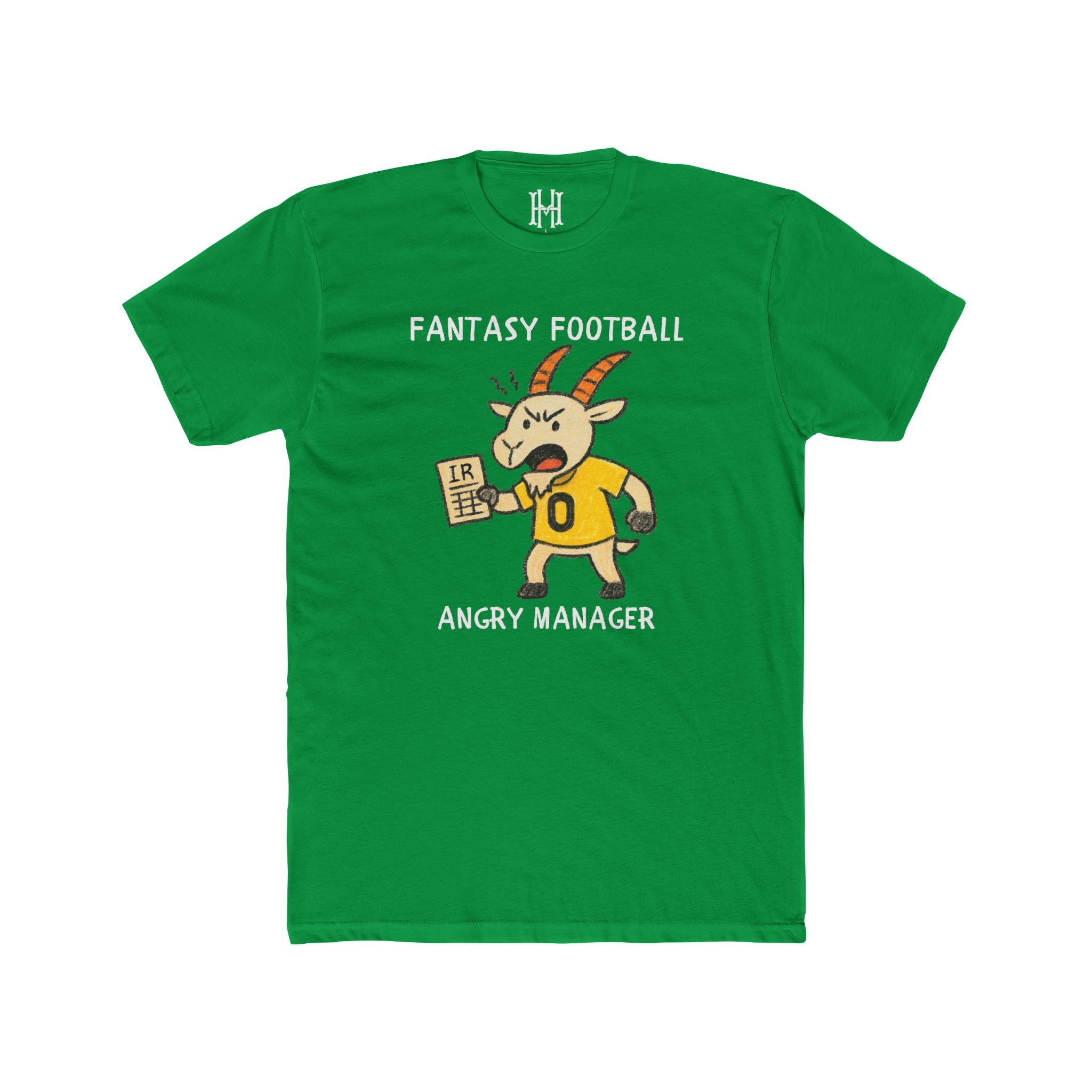 Green t-shirt with a cartoon goat and text on a white background