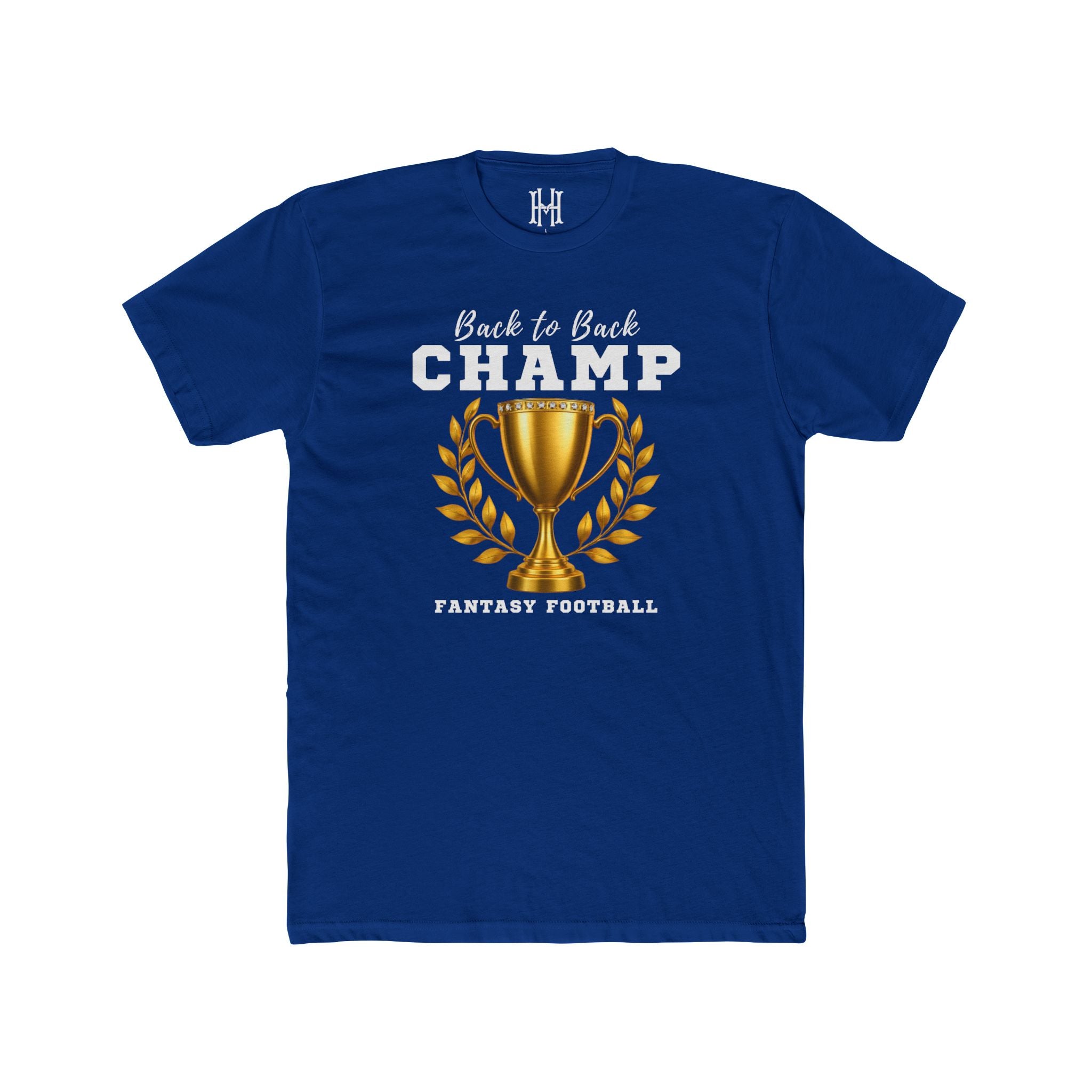 Blue t-shirt with a gold trophy graphic and 'Back to Back Champ' text on a white background