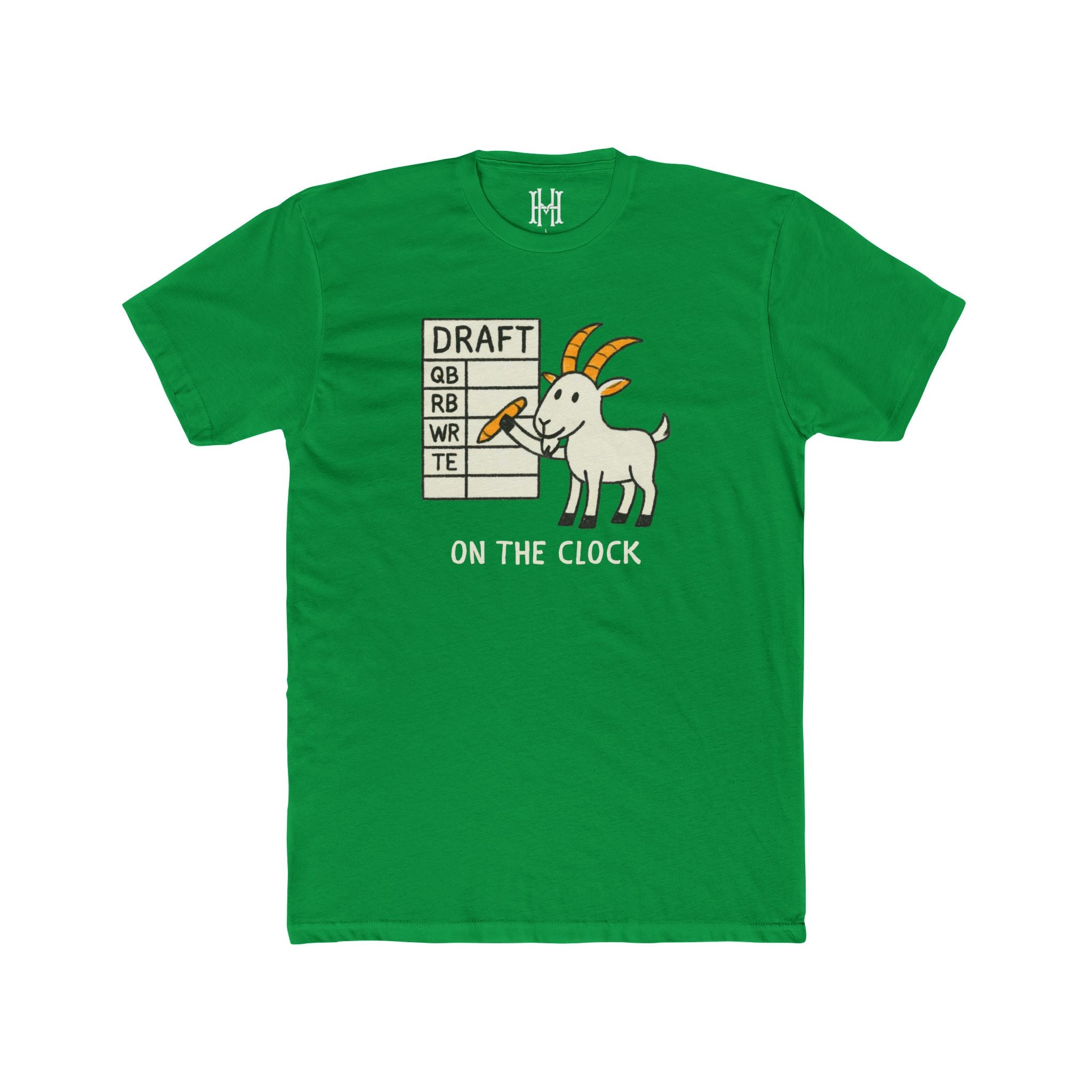 Green t-shirt with a graphic of a goat and text on a white background