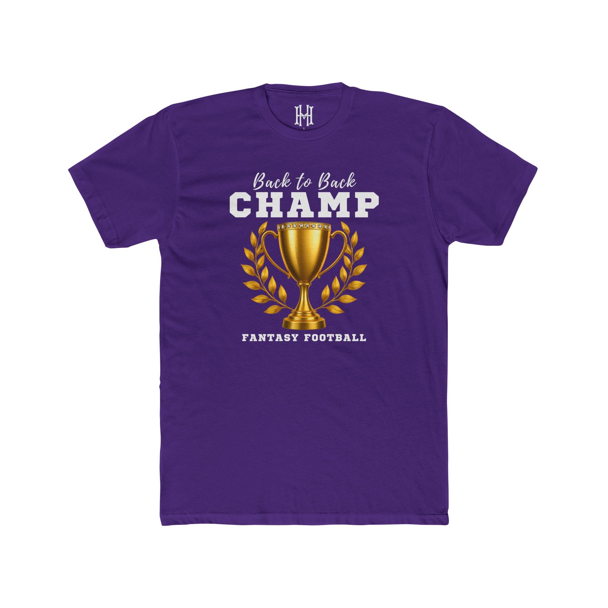 Purple t-shirt with a gold trophy graphic and 'Back to Back Champ' text on a white background
