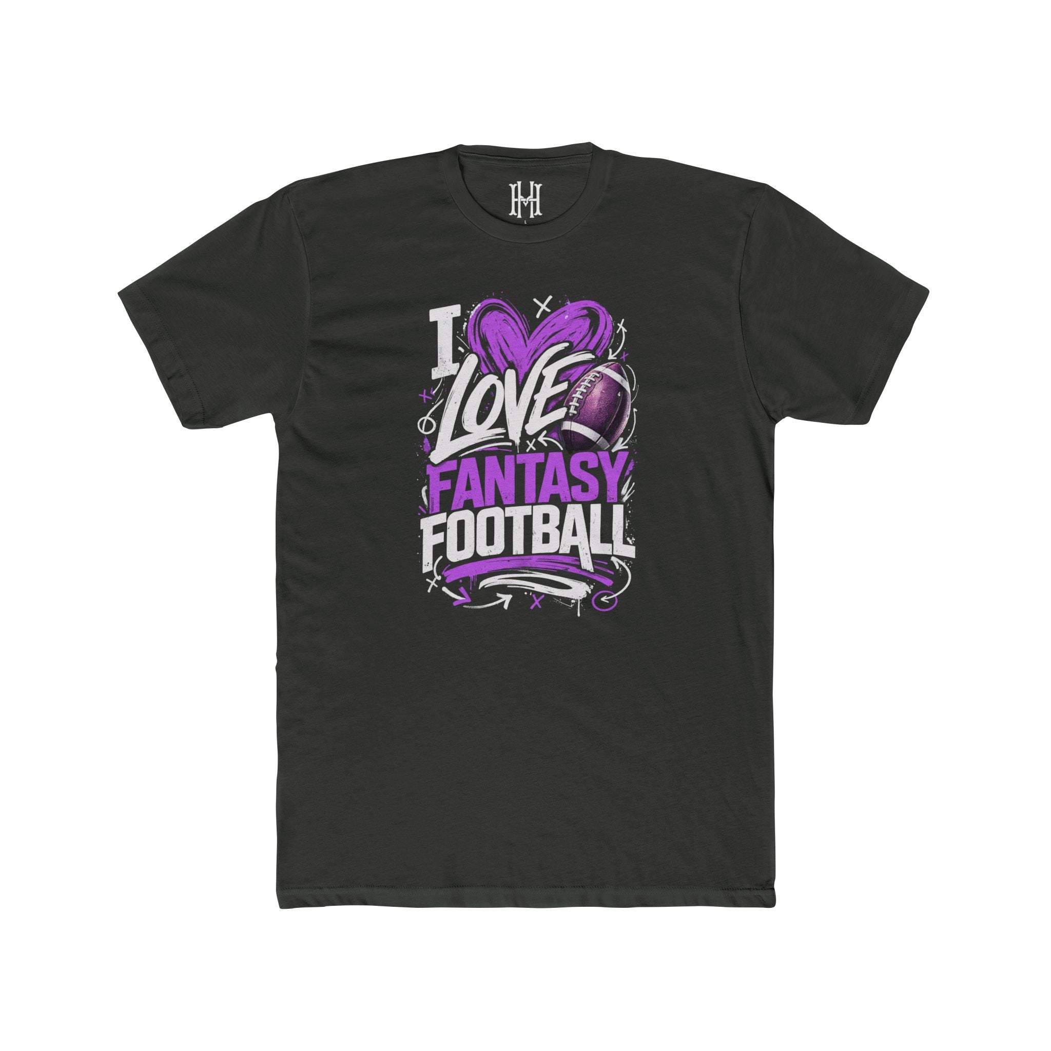 Black t-shirt with 'I Love Fantasy Football' graphic design on a white background