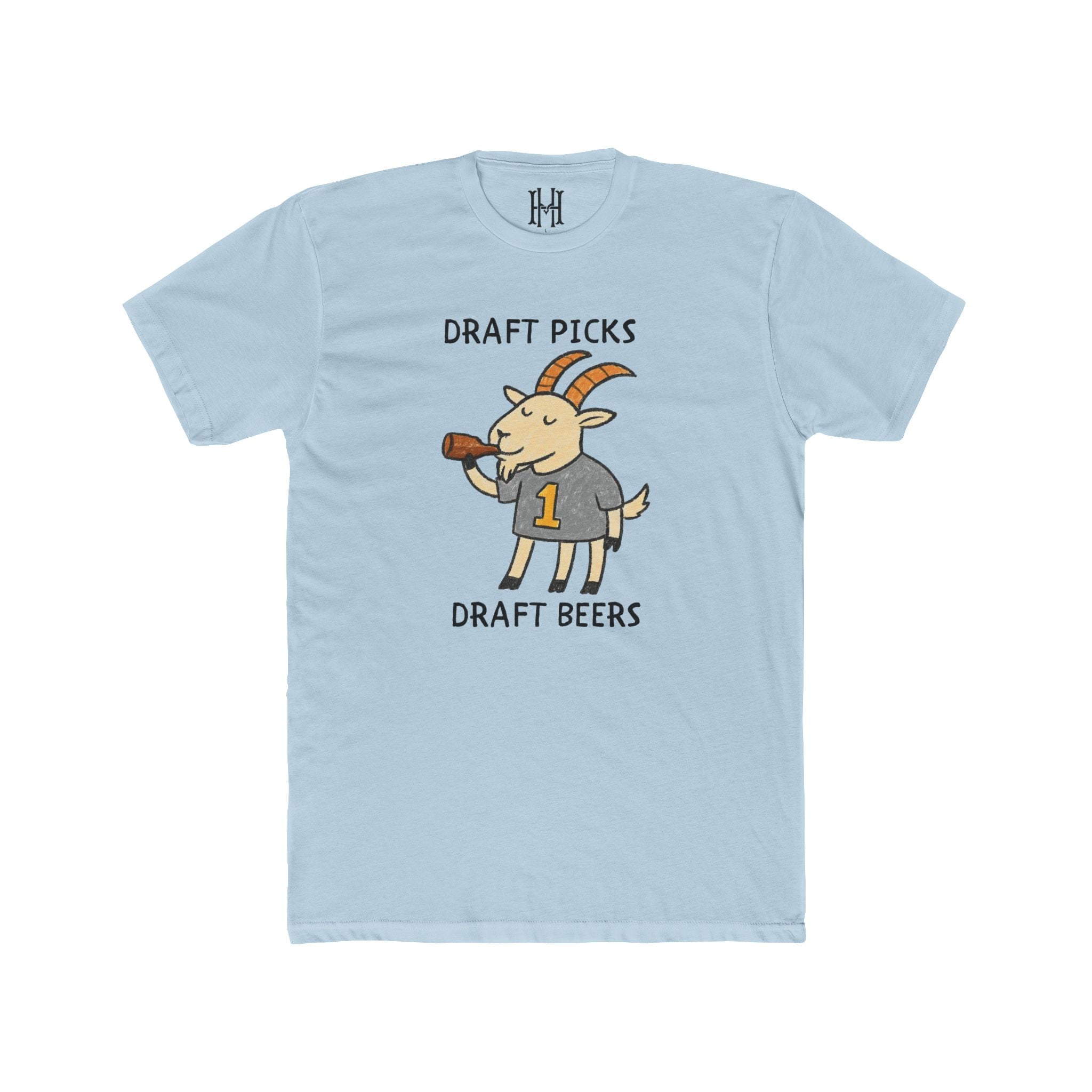 Light blue t-shirt with a cartoon goat graphic and text on a white background