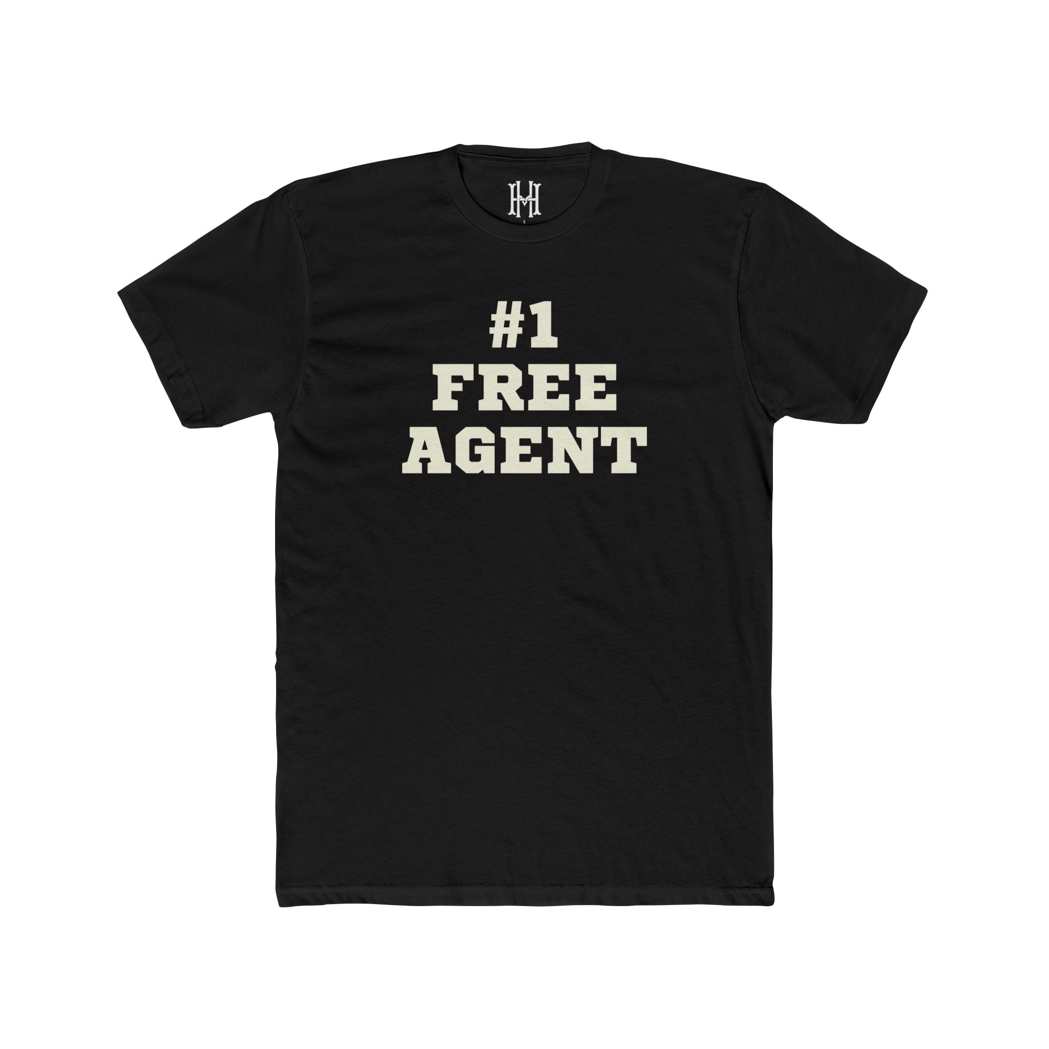 Black t-shirt with '#1 Free Agent' text on a white background