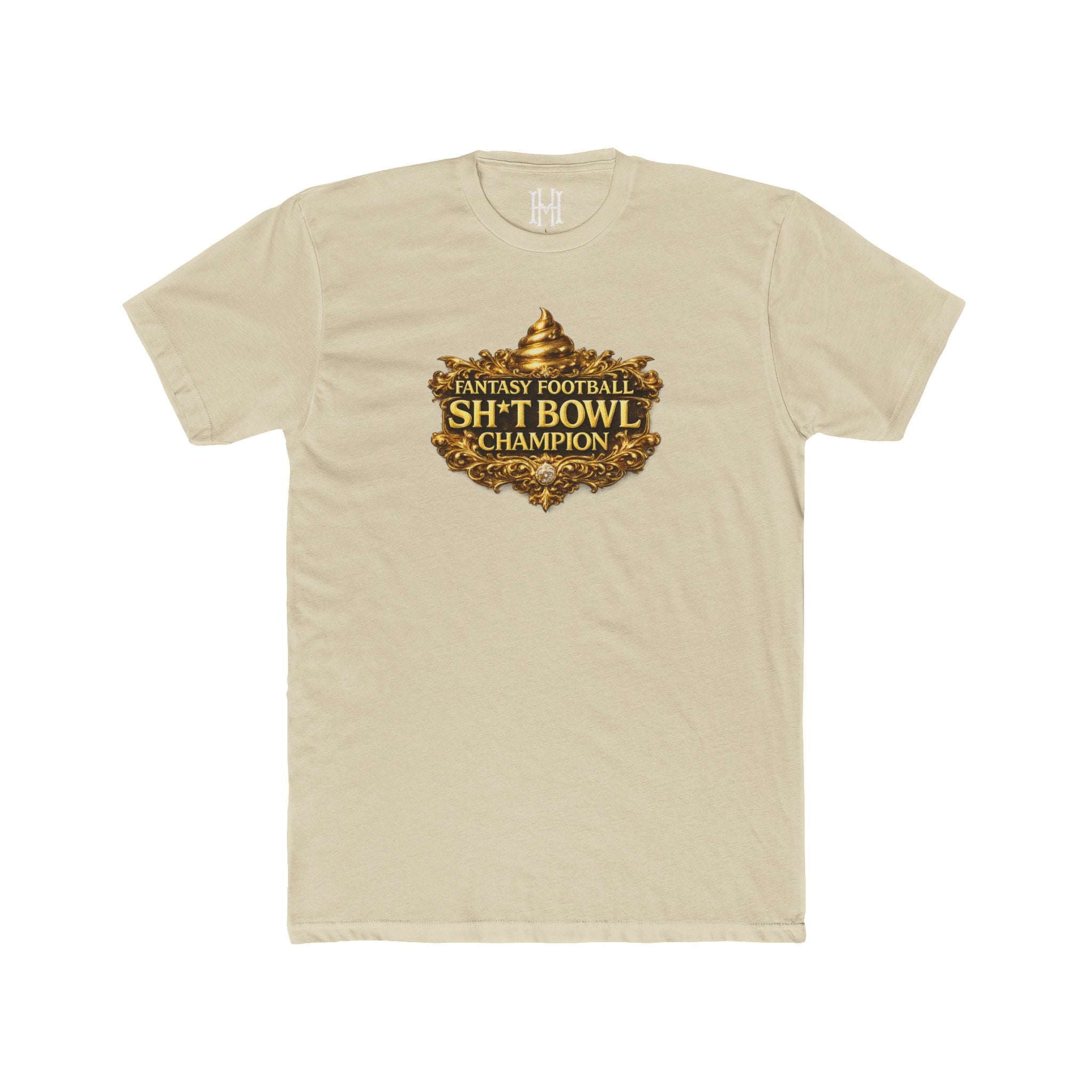 Beige t-shirt with gold 'Sh*t Bowl Champion' graphic on a white background