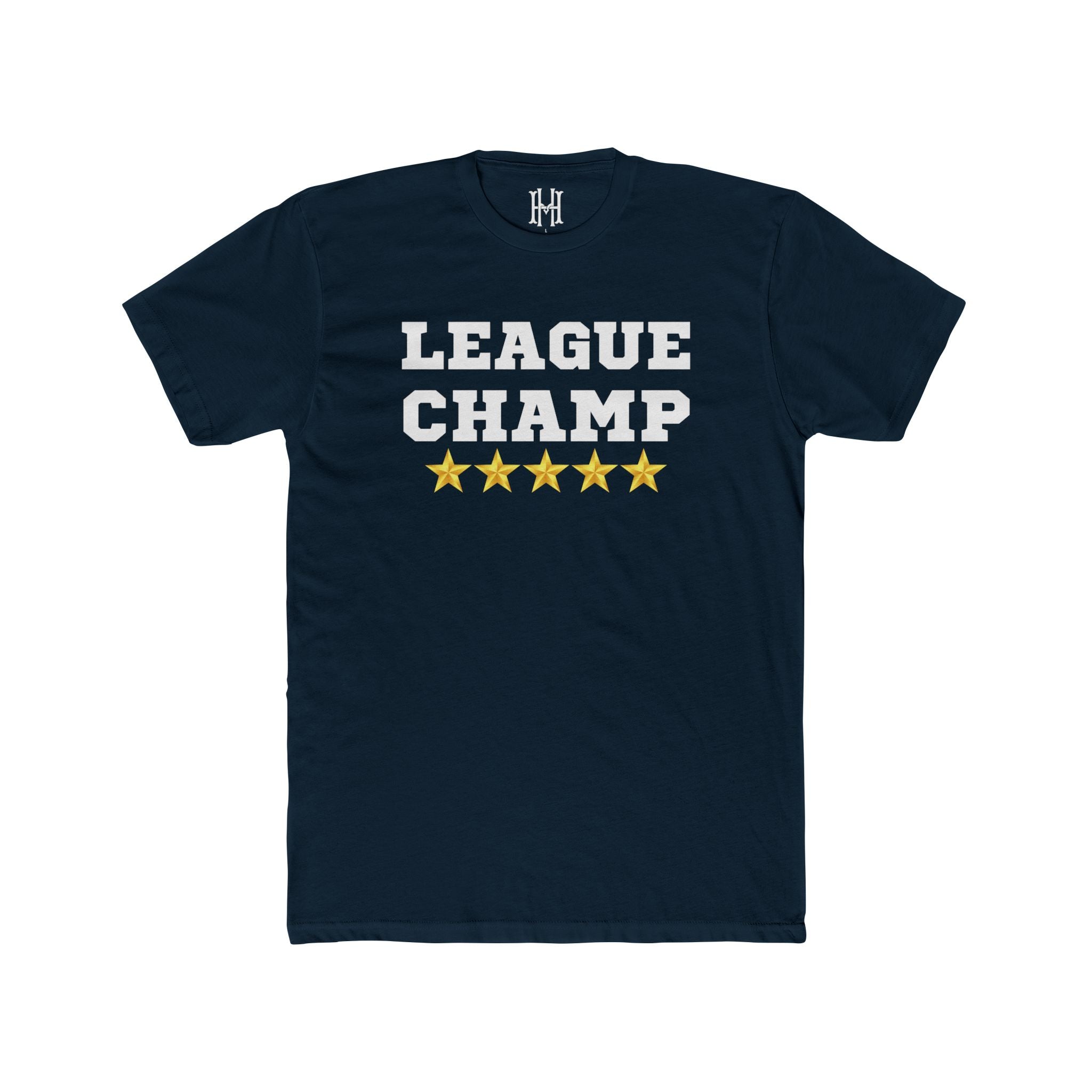 Navy blue t-shirt with 'League Champ' text and five yellow stars on a white background