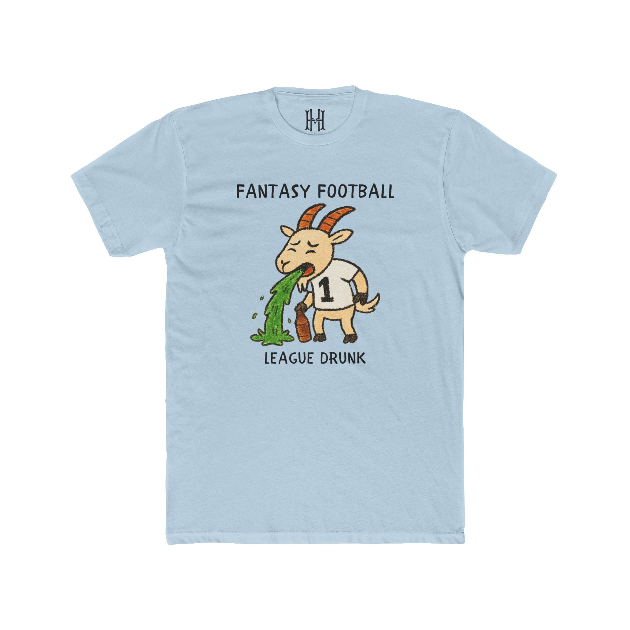 Light blue t-shirt with a cartoon goat and text on a white background