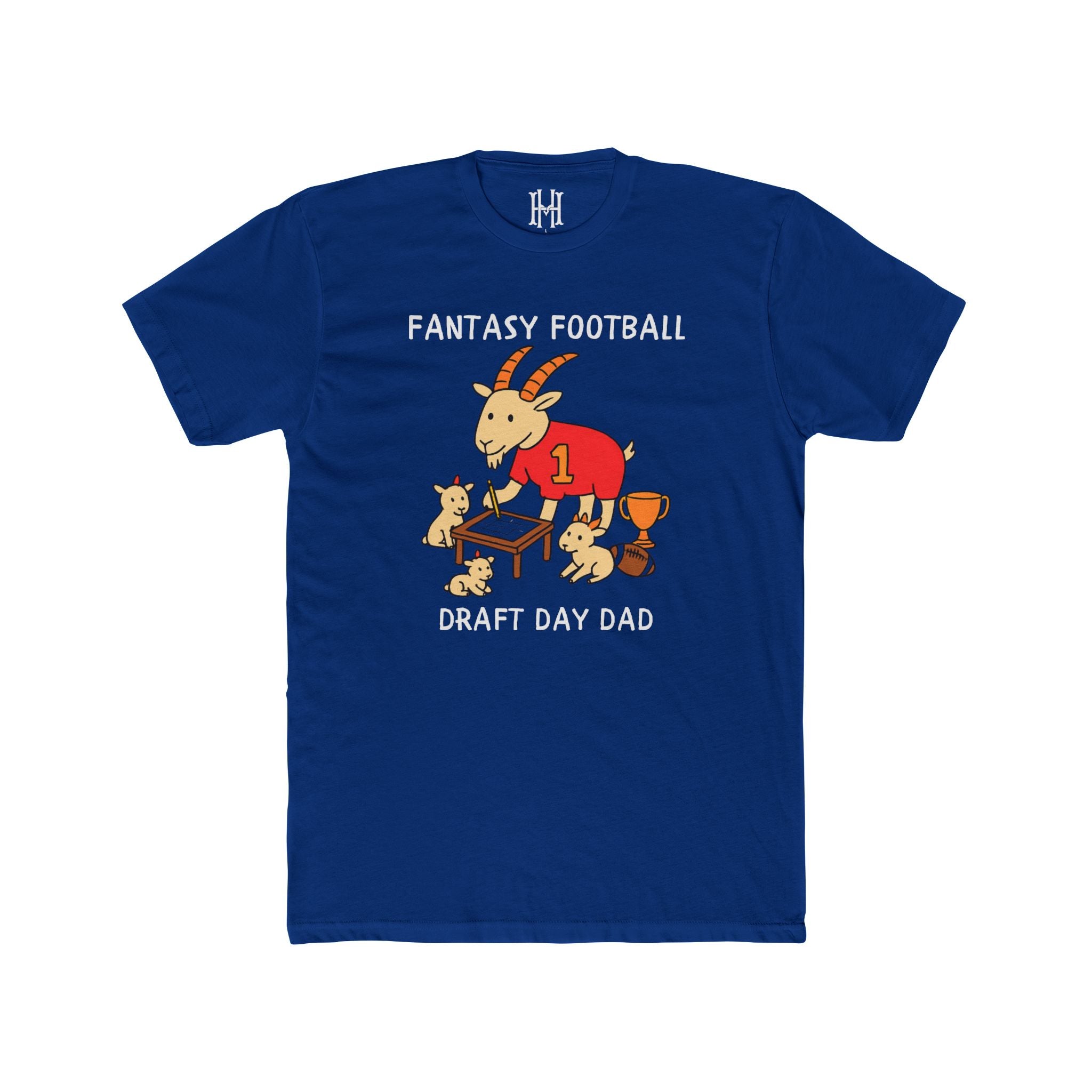 Blue t-shirt with a graphic of a goat in a red jersey and text 'Fantasy Football Draft Day Dad' on a white background.