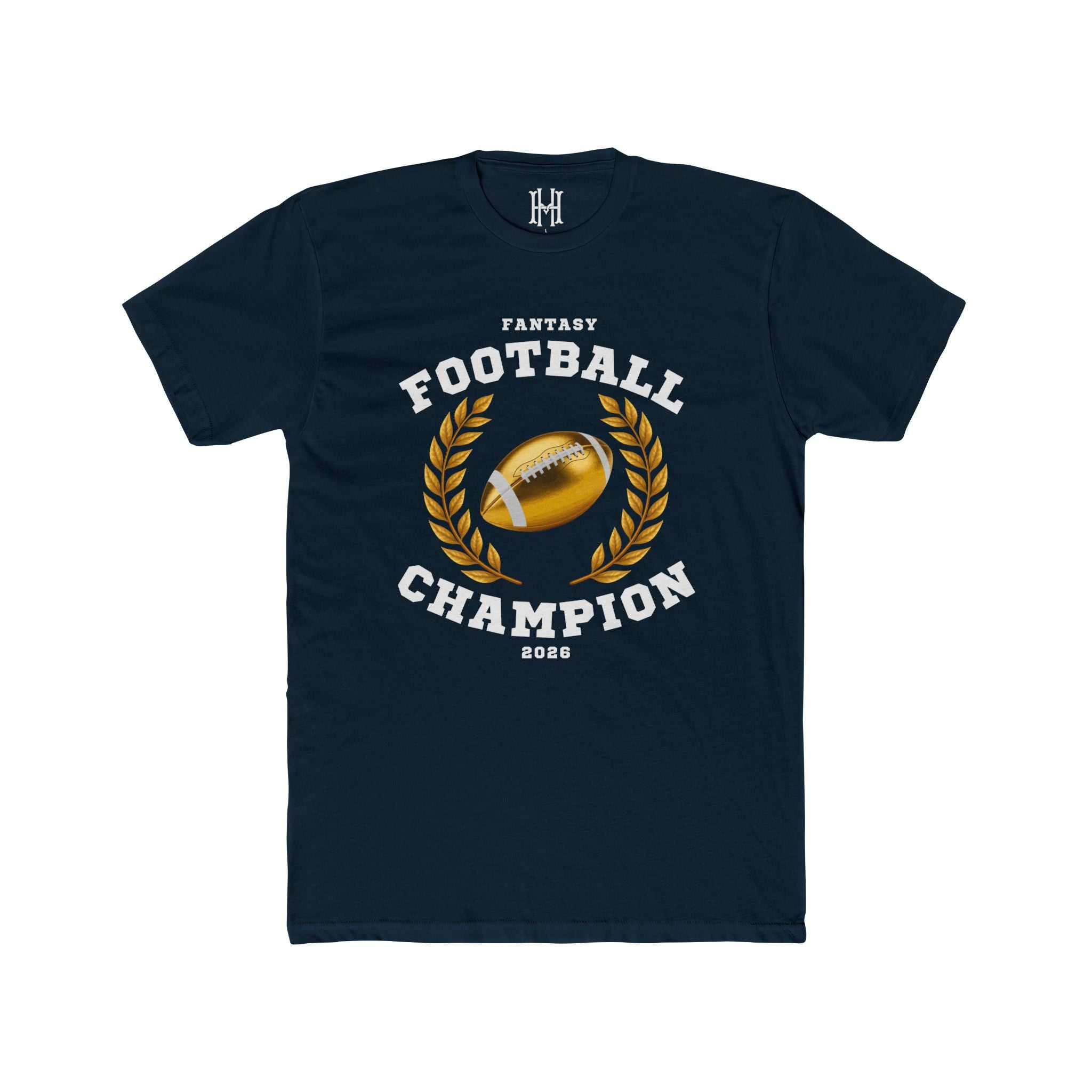 Navy blue t-shirt with 'Fantasy Football Champion 2023' design featuring a football and laurel wreath on a white background.