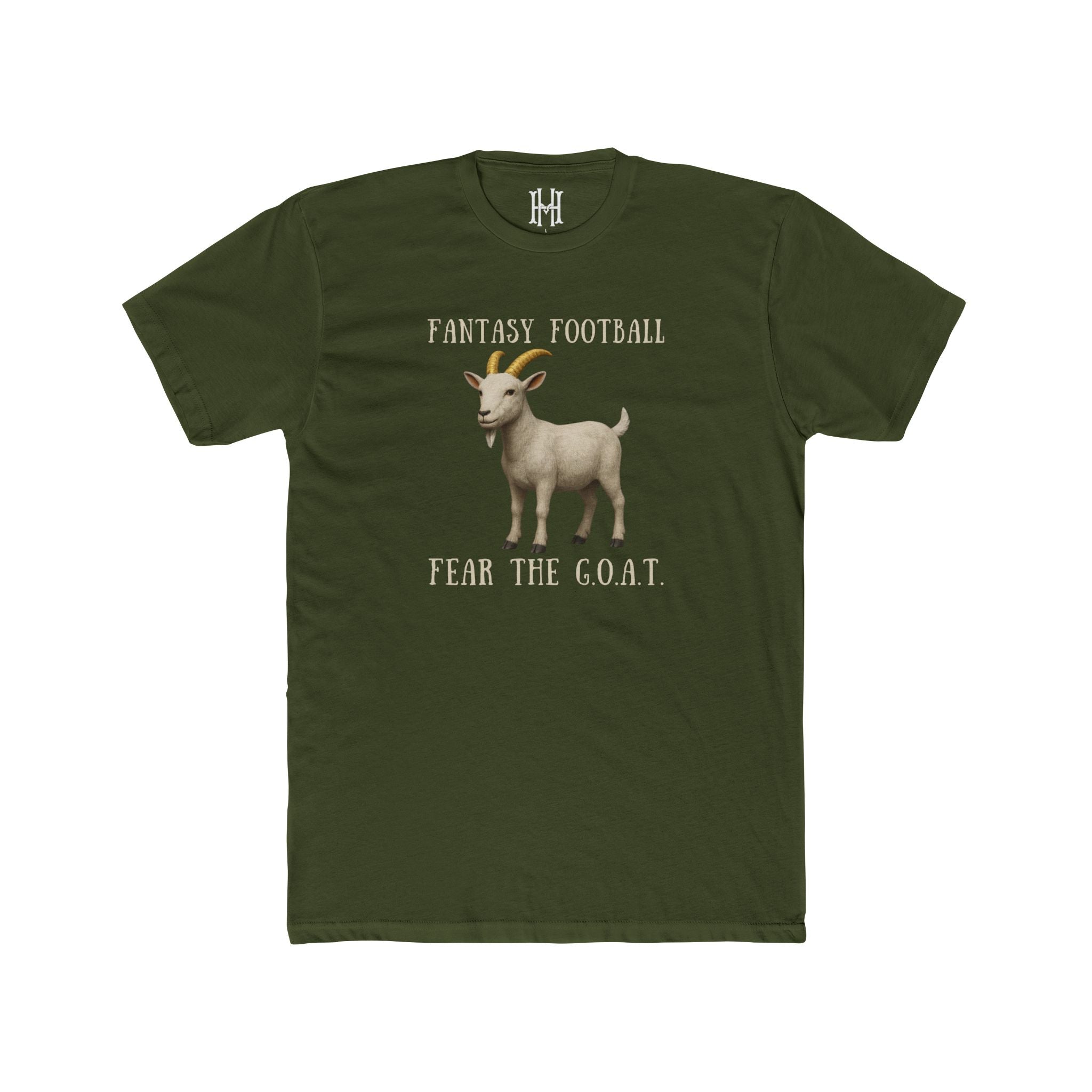 Green t-shirt with a goat graphic and text on a white background