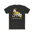 Black t-shirt with cartoon goat design and text on a white background