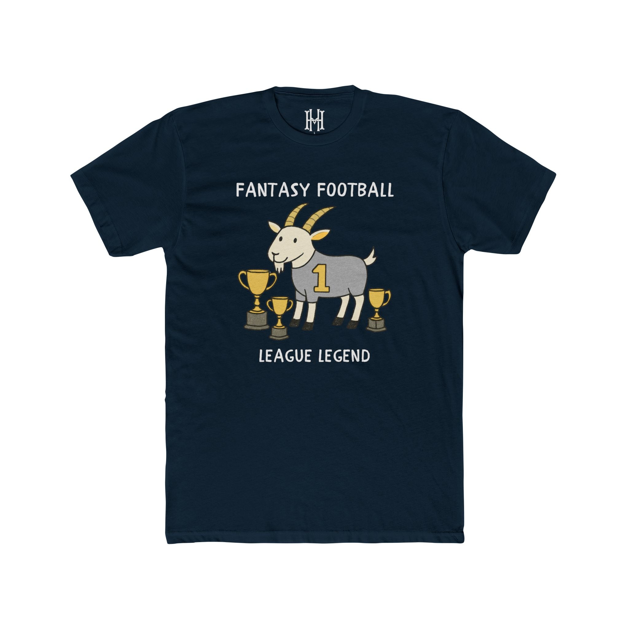 Navy blue t-shirt with a graphic of a goat and trophies, text 'Fantasy Football League Legend', on a white background.