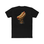 Black t-shirt with a hot dog trophy graphic on the back against a white background
