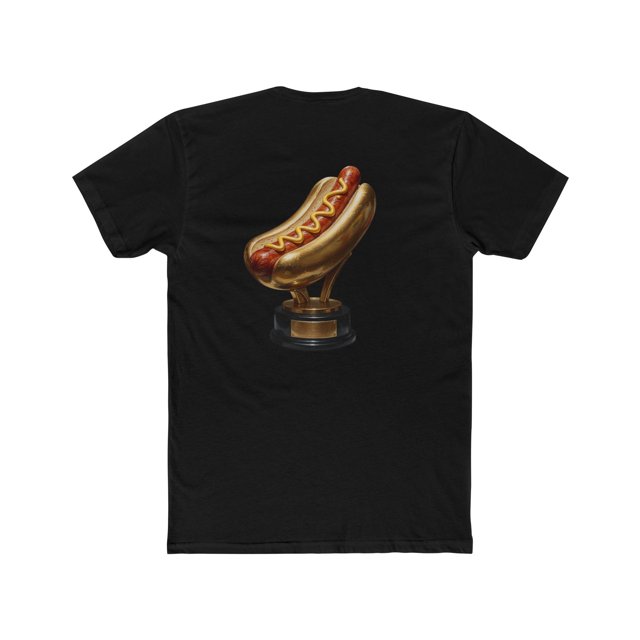 Black t-shirt with a hot dog trophy graphic on the back against a white background