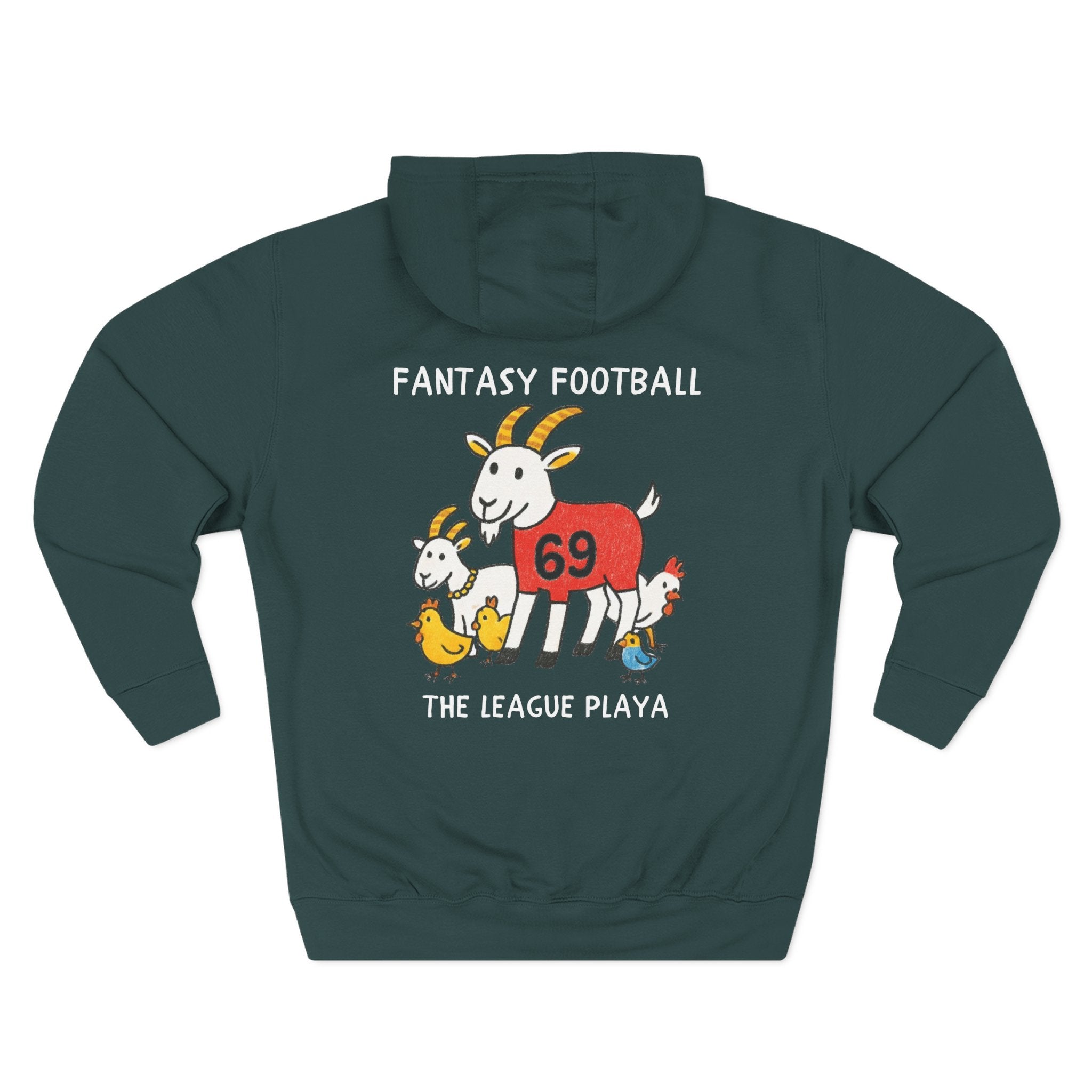 Black hoodie with fantasy football graphic and text on a white background