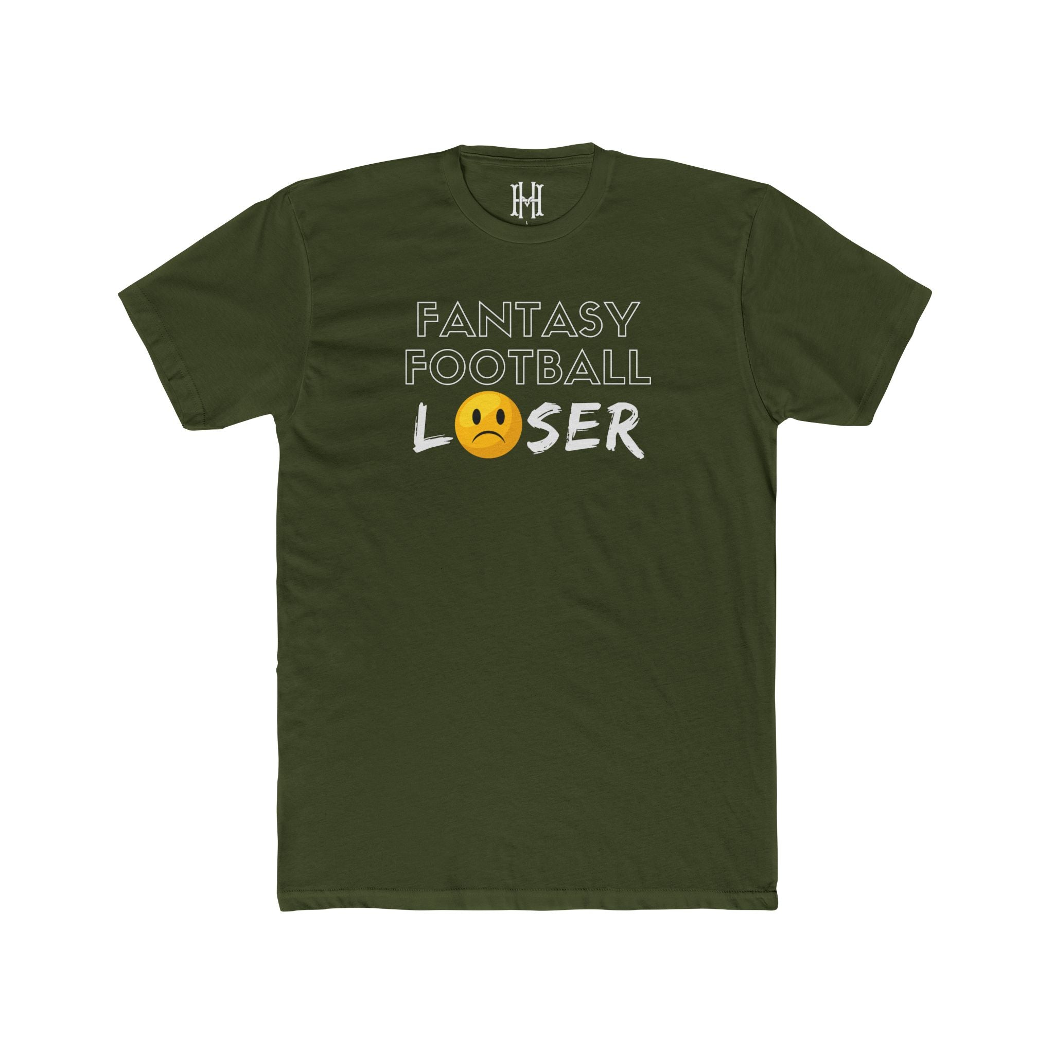 Green t-shirt with 'Fantasy Football Loser' text and emoji on a white background