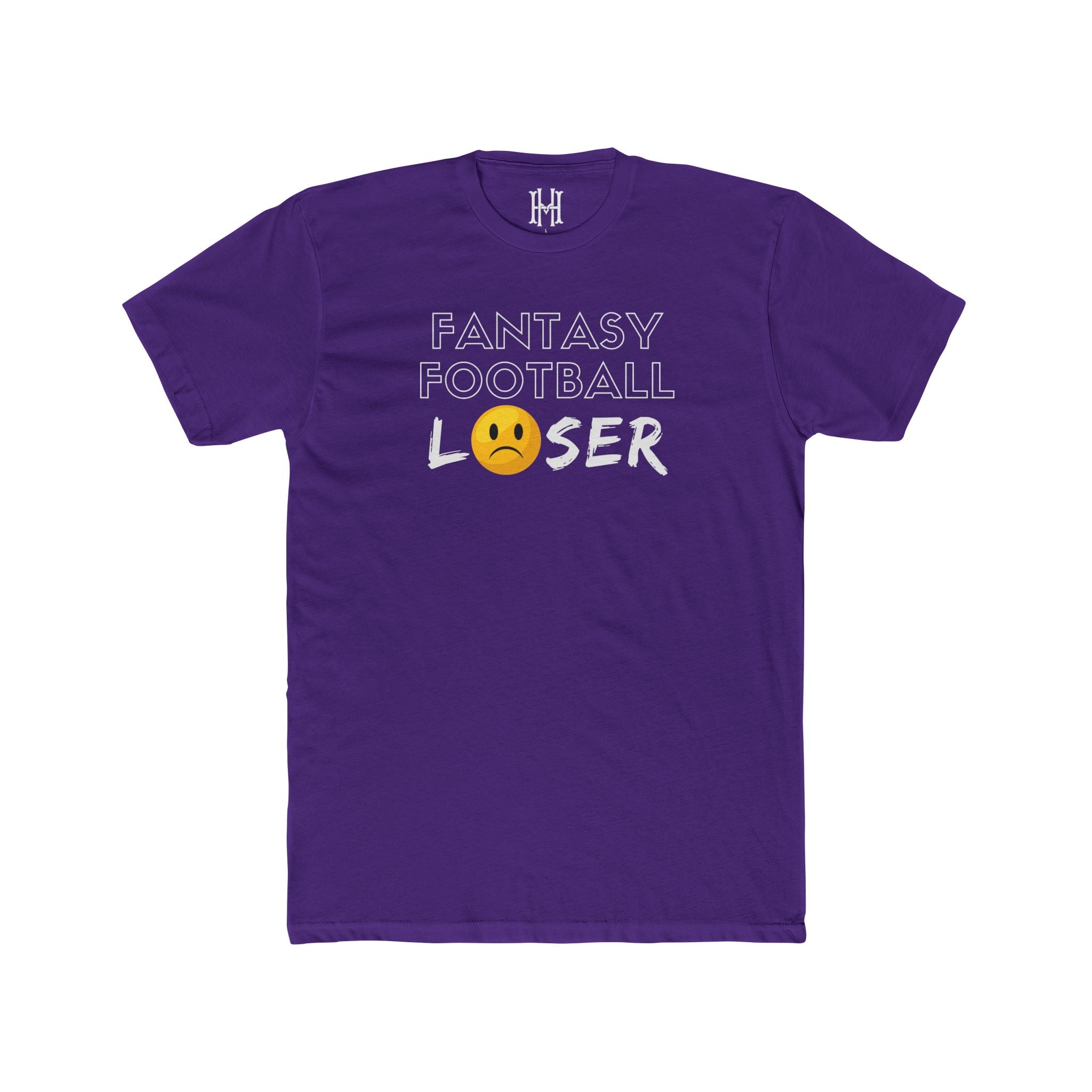 Purple t-shirt with 'Fantasy Football Loser' text and emoji on a white background