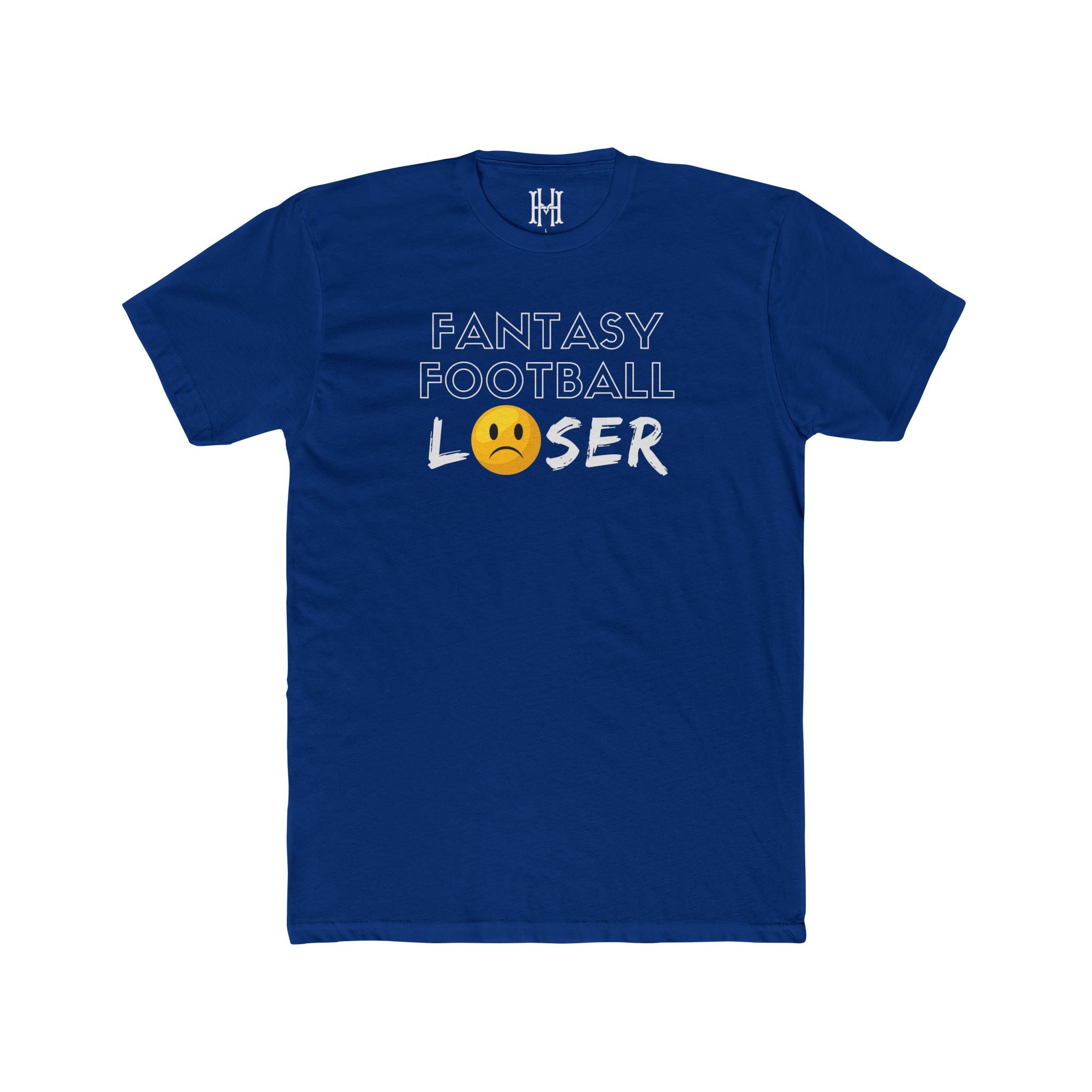 Blue t-shirt with 'Fantasy Football Loser' text and emoji on a white background