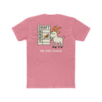 Pink t-shirt with a graphic of a goat and text on the back, on a white background