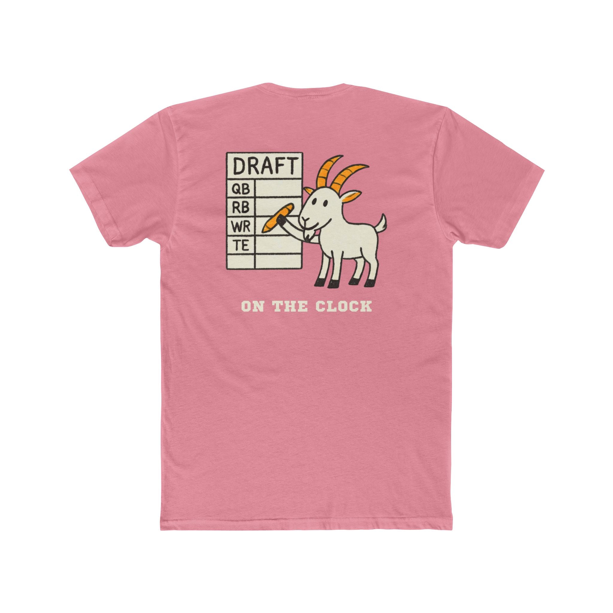 Pink t-shirt with a graphic of a goat and text on the back, on a white background