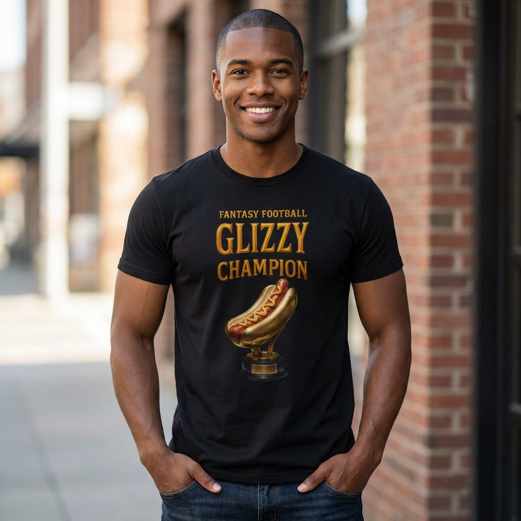 Man wearing a black t-shirt with 'Fantasy Football Glizzy Champion' text and hot dog graphic, standing on a street.
