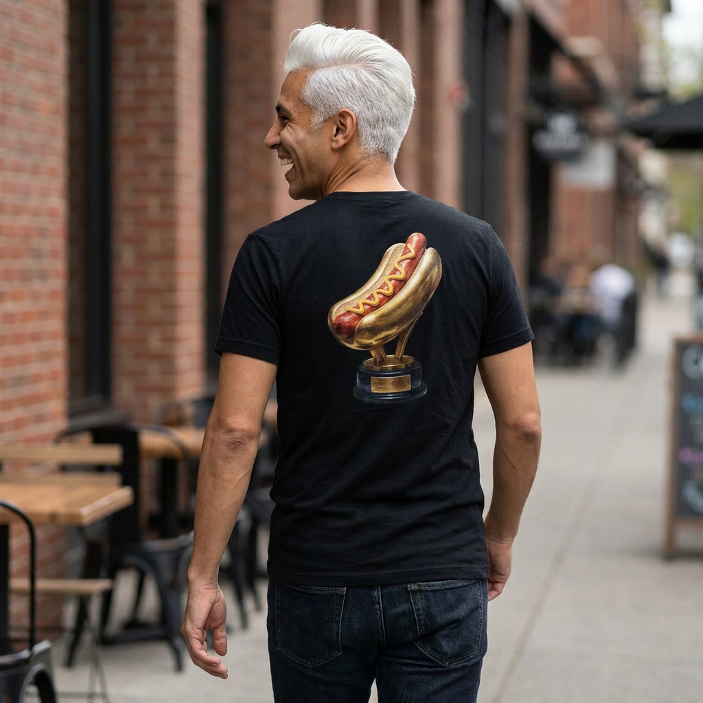 Man wearing a black t-shirt with a hot dog graphic on the back, walking down a street.