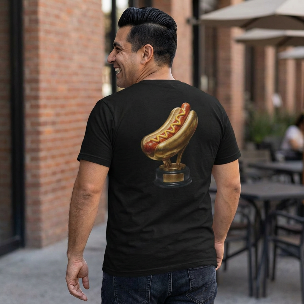 Man wearing a black t-shirt with a hot dog graphic on the back, standing outdoors.