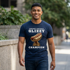 Man wearing a navy blue t-shirt with 'Fantasy Football GLIZZY Champion' text and graphic, standing outdoors.