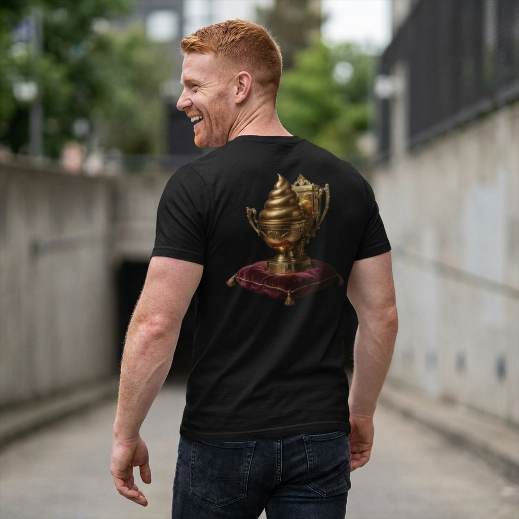 Man wearing a black t-shirt with a gold genie lamp design on the back, walking outdoors.