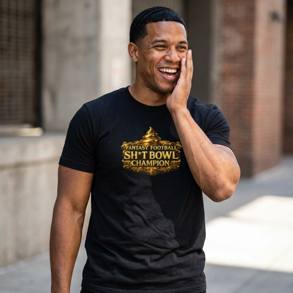 Man wearing a black t-shirt with 'Fantasy Football Sh*t Bowl Champion' text, smiling outdoors.