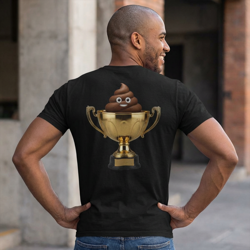 Man wearing a black t-shirt with a gold trophy and poop emoji on the back, standing outdoors.