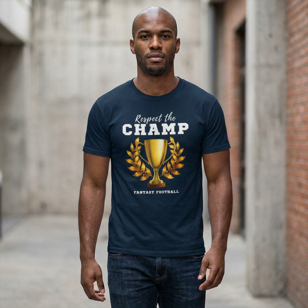 Man wearing a navy blue t-shirt with 'Respect the CHAMP' design in an urban setting