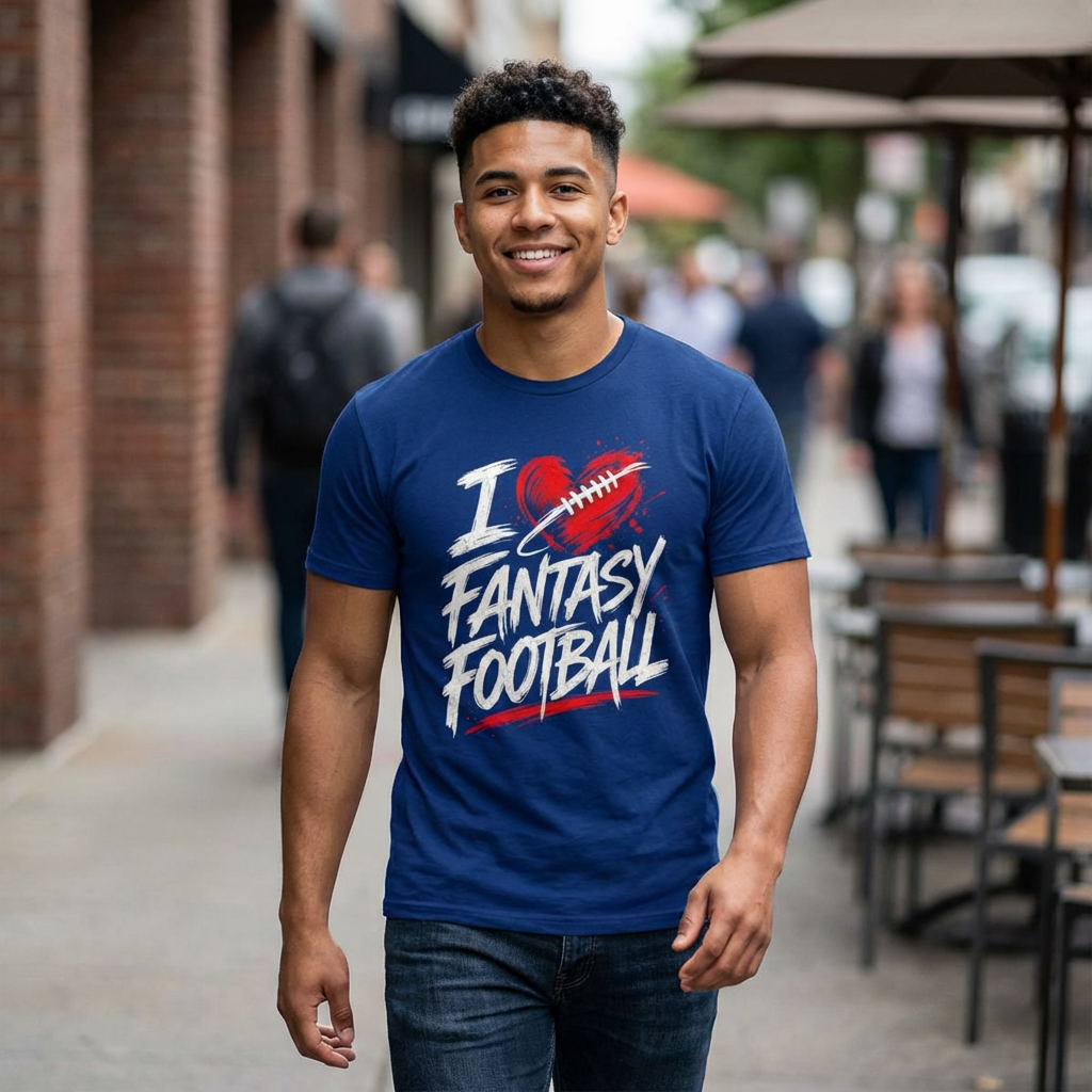 Man wearing a blue t-shirt with 'I ❤️ Fantasy Football' design, standing on a sidewalk.