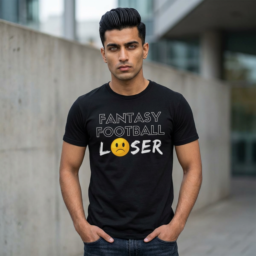 Man wearing a black t-shirt with 'Fantasy Football Loser' text and emoji outdoors.