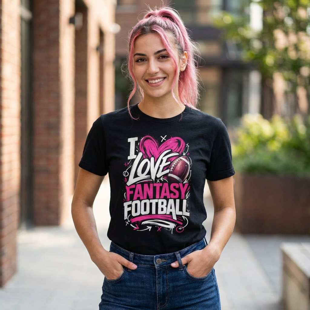 Person wearing a black t-shirt with 'I Love Fantasy Football' design outdoors.