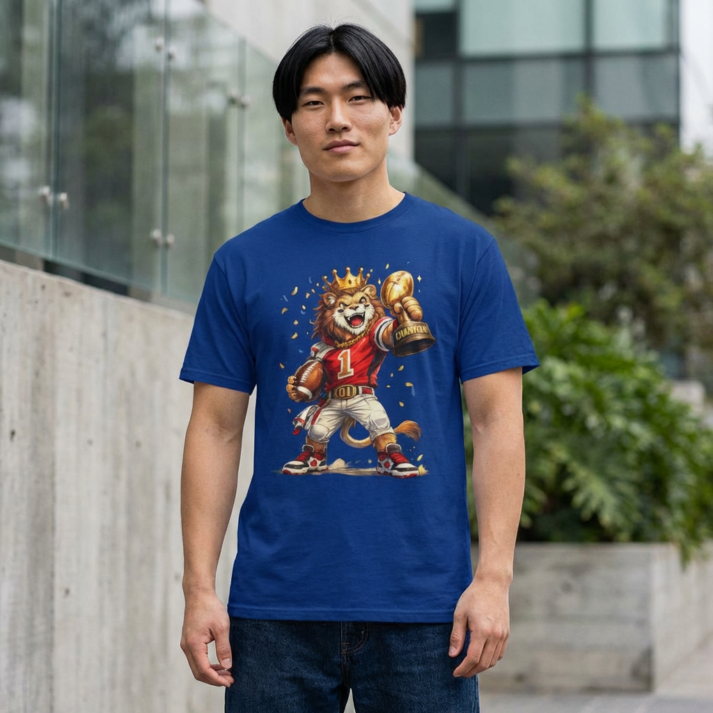 Person wearing a blue t-shirt with a lion graphic design outdoors.