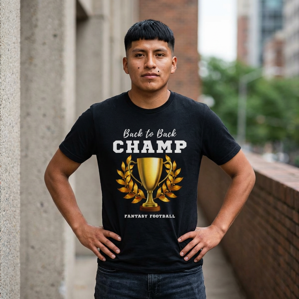 Man wearing a black t-shirt with 'Back to Back CHAMP' print, standing against an urban background.